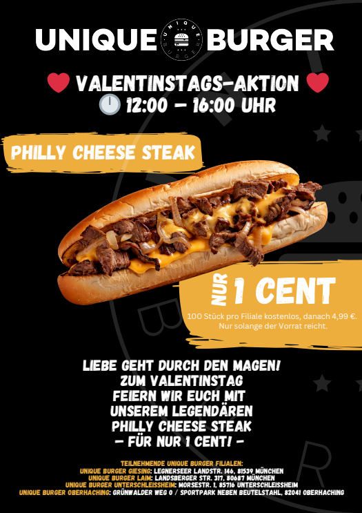 Valentinstags-Aktion bei Unique Burger: Philly Cheese Steak für nur 1 Cent!